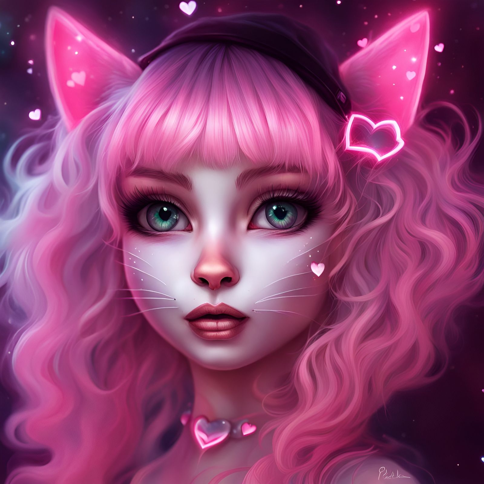 Cute Pink Catgirl with Hearts, Cosmic Illustration