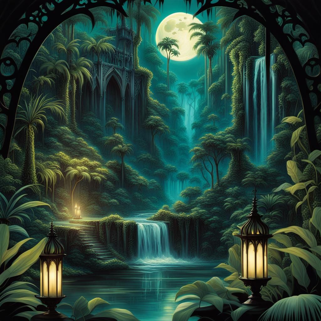 postcard depicting the ethereal allure of a gothic jungle la...