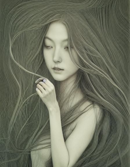 Elegant Woman with Flower in Etching Style