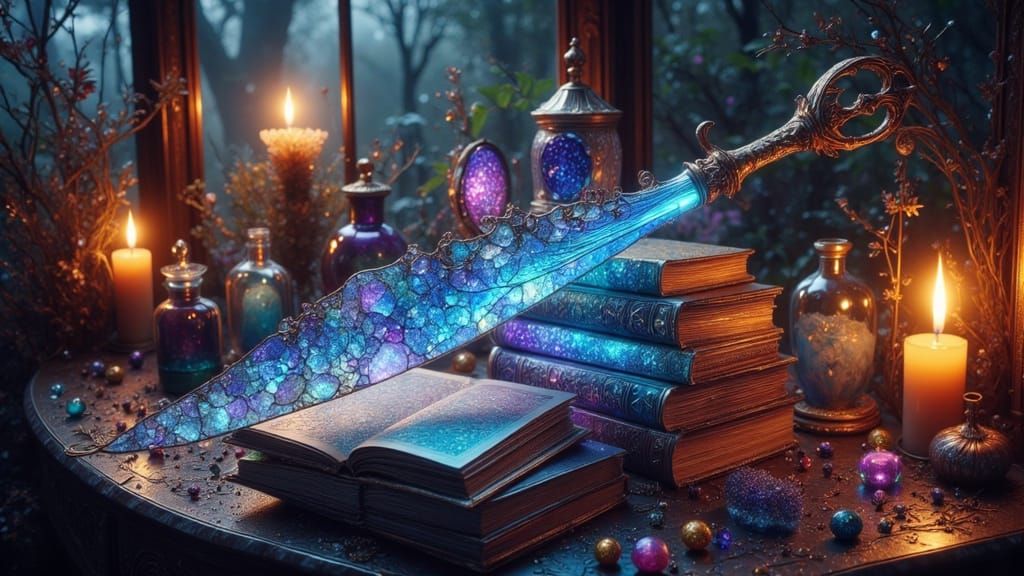 Iridescent Magic Wand Amidst Whimsical Study