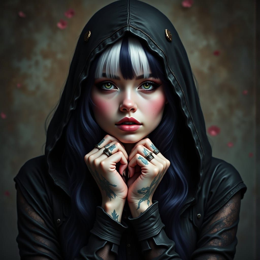 Gothic Woman in Striped Hair and Hoodie