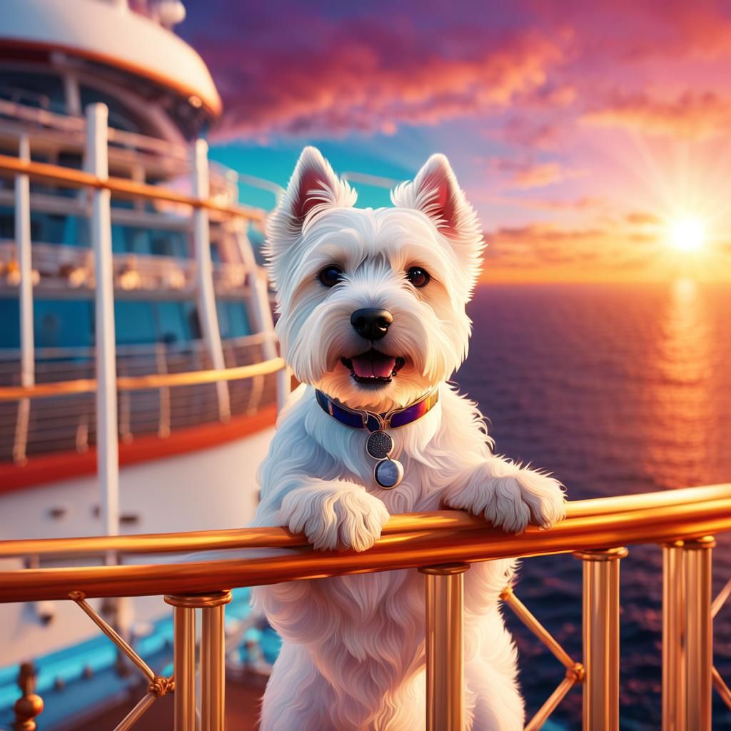 Westie on Cruise Ship at Sunset: Matte Painting