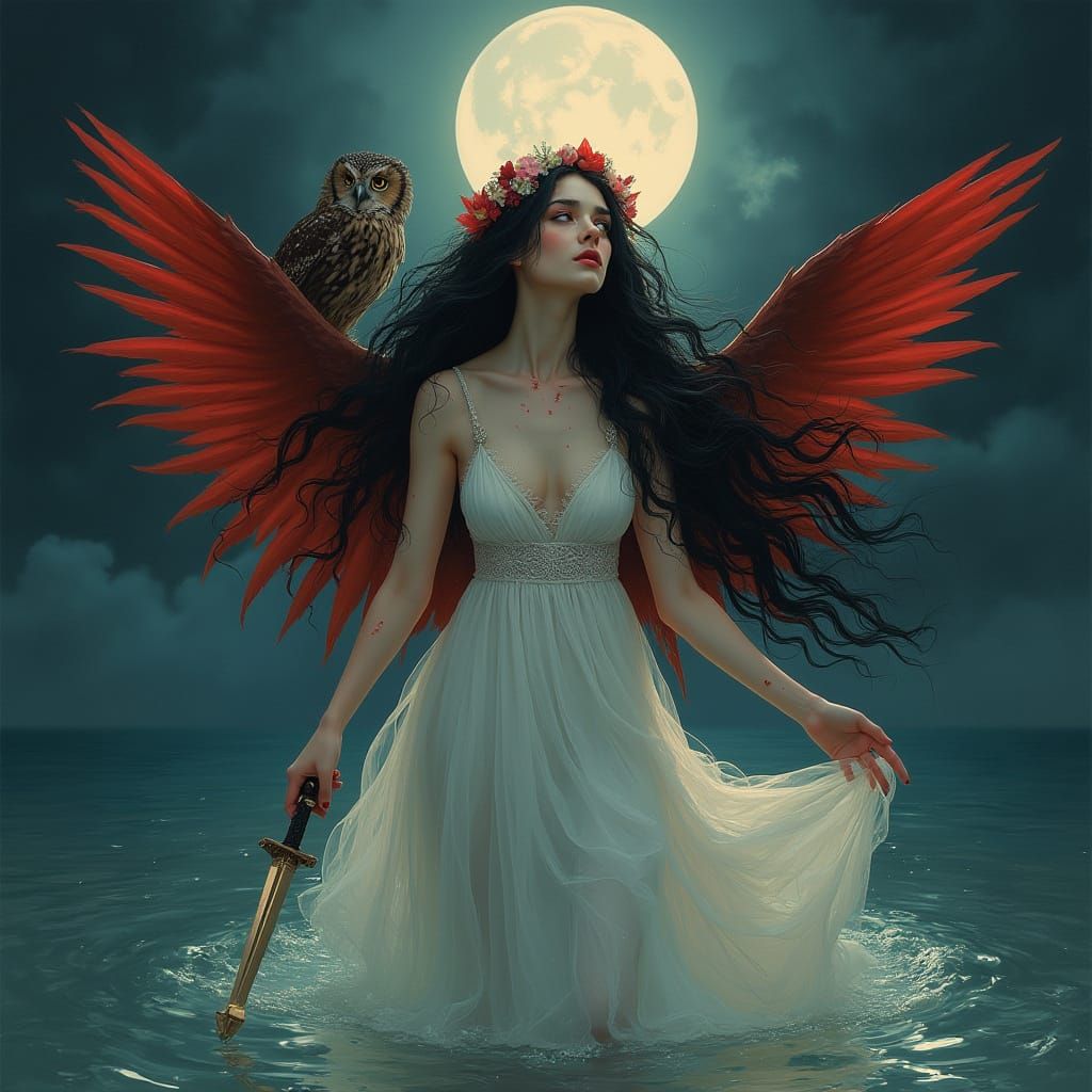 Melancholic Woman with Knife and Red Wings