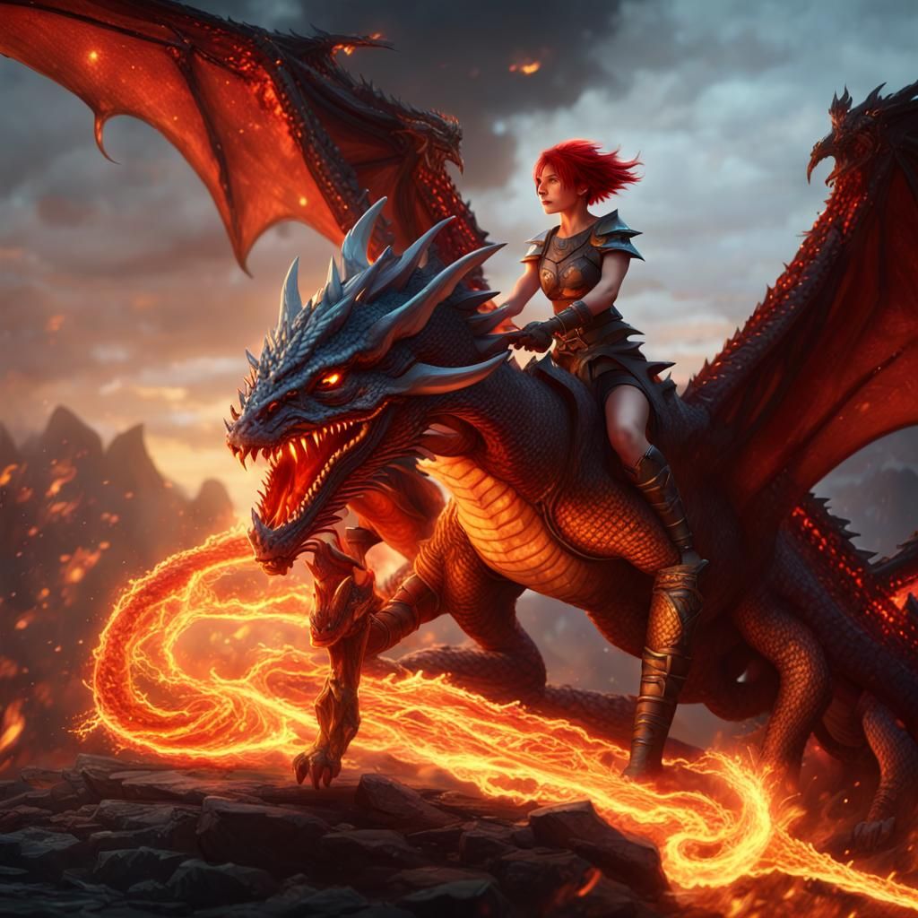 Warrior Girl on Dragon with Glowing Sword