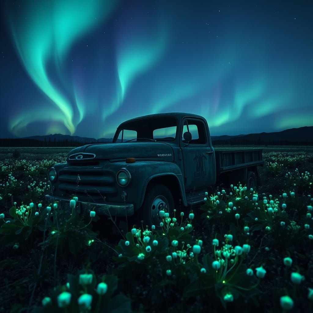 Derelict Truck in Bioluminescent Field Under Aurora Sky