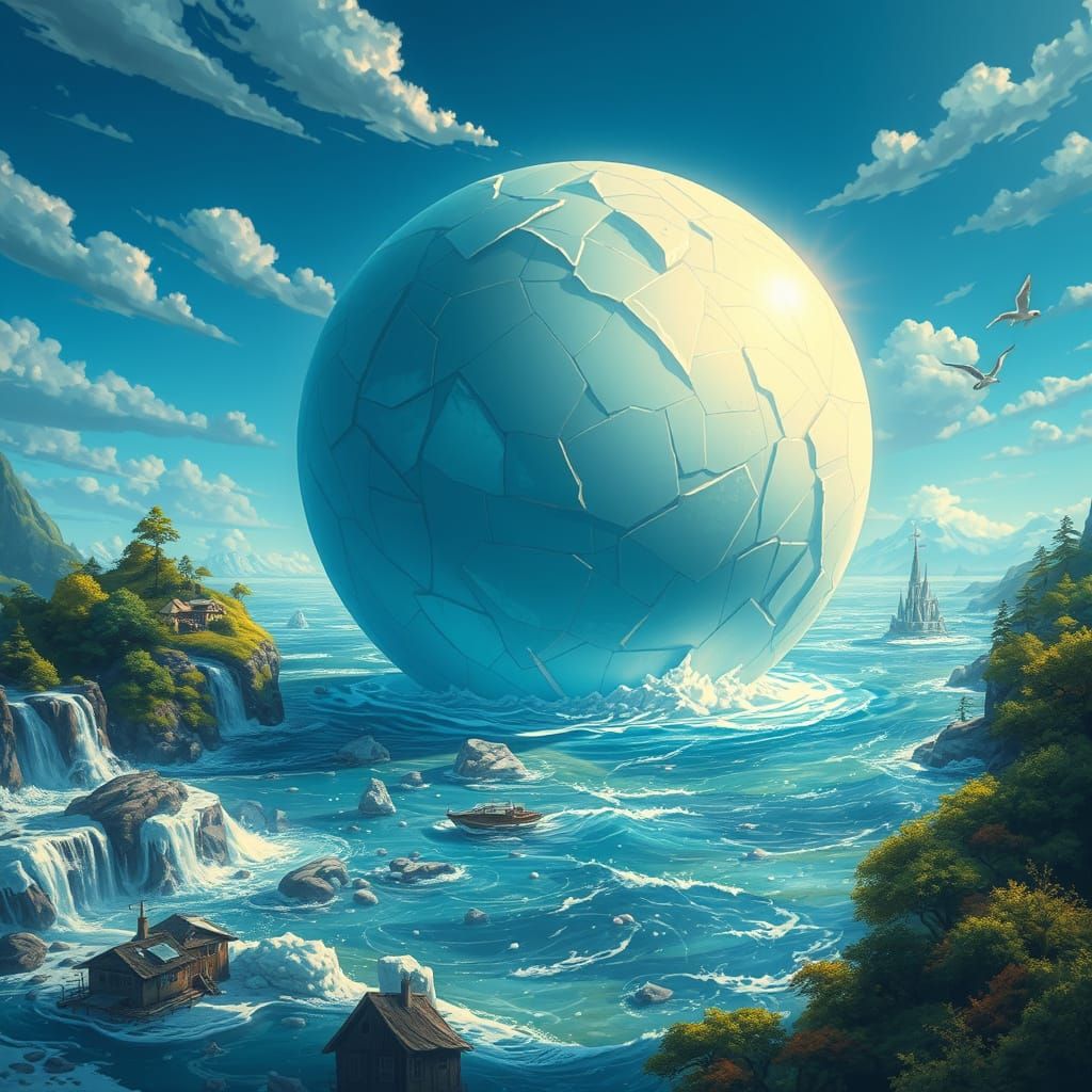 Giant Ice Ball Bounces on Ocean in Fantastical Landscape
