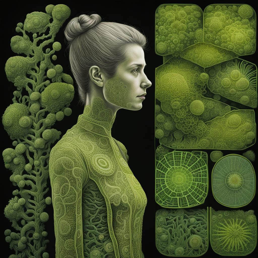 Algae Scientist Portrait in Laurie Lipton Style