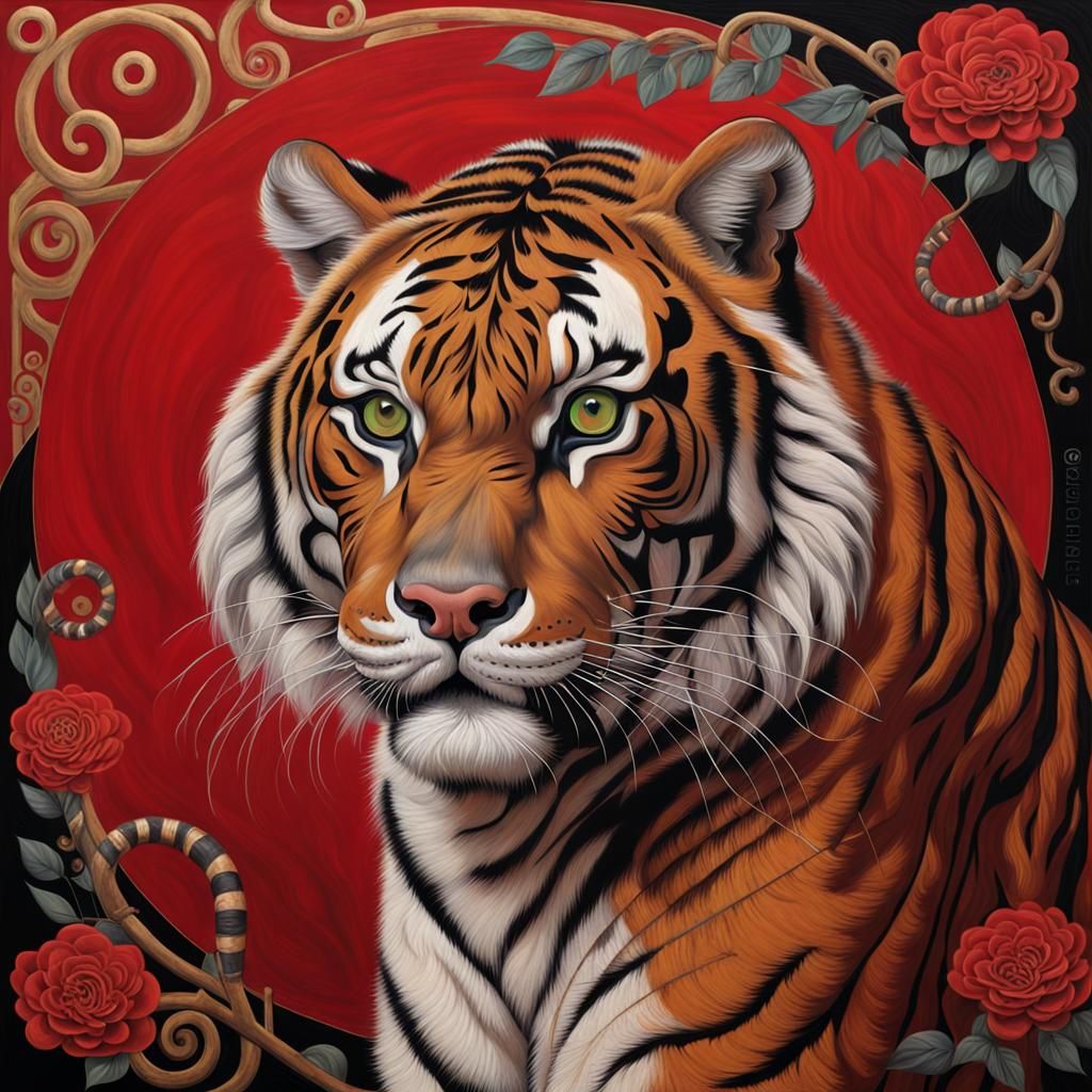 Hyperrealistic Tiger in Klimt-Inspired Style