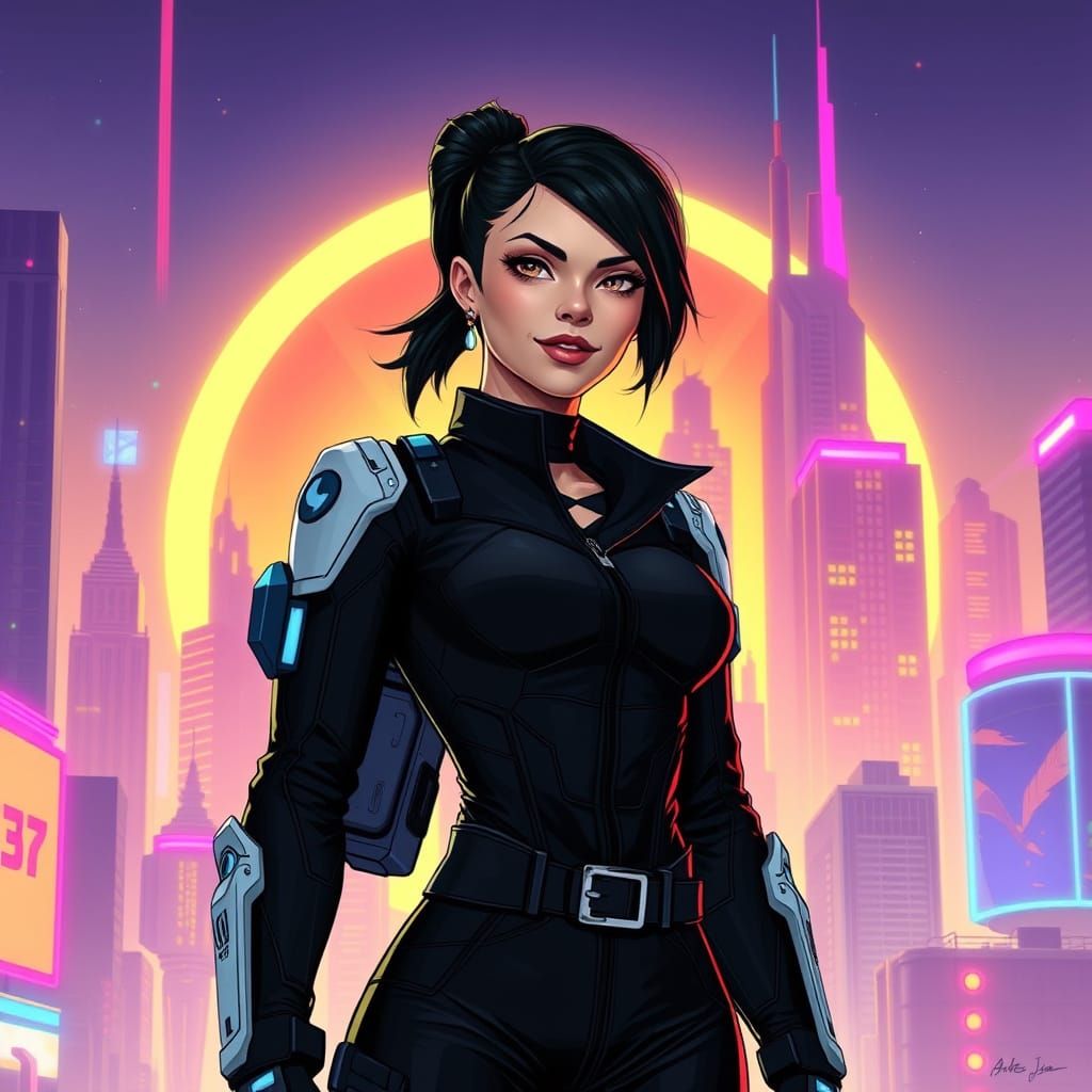 Futuristic Woman with Robotic Enhancements in Neon Cityscape