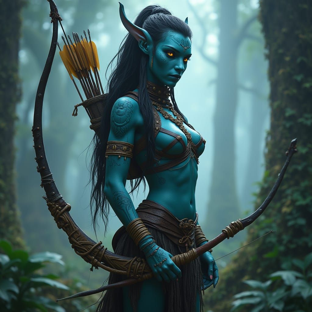 Ethereal Na'vi Warrior in Bioluminescent Forest