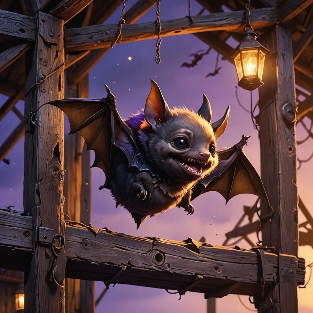 Baby Bat Pippa in Barn, Fantasy Concept Art