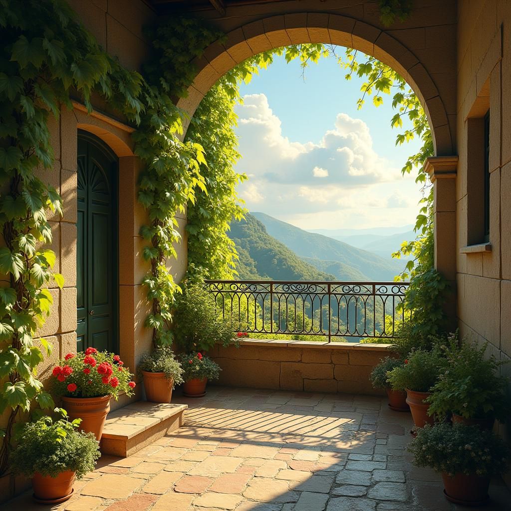 Italian Balcony with Grape Vines in Impressionist Style