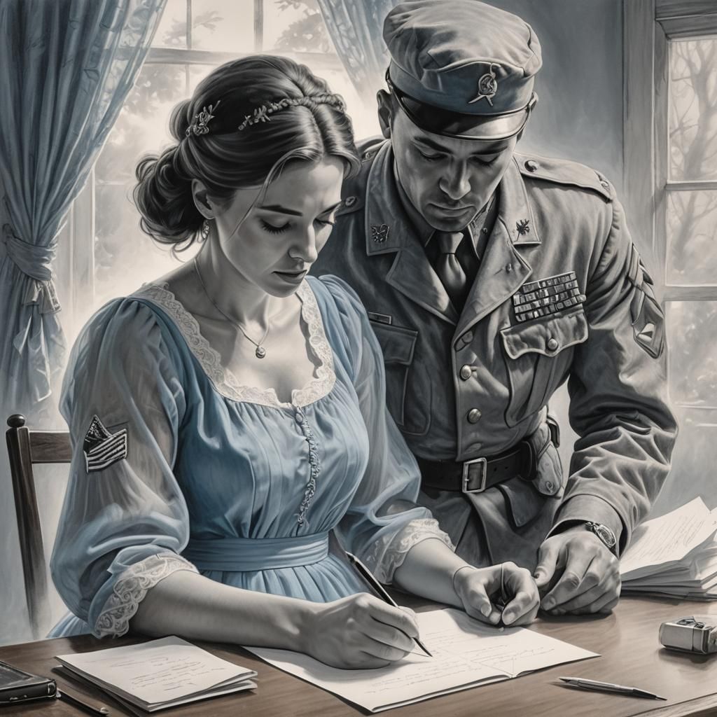 A soldier writing a letter with his wife.