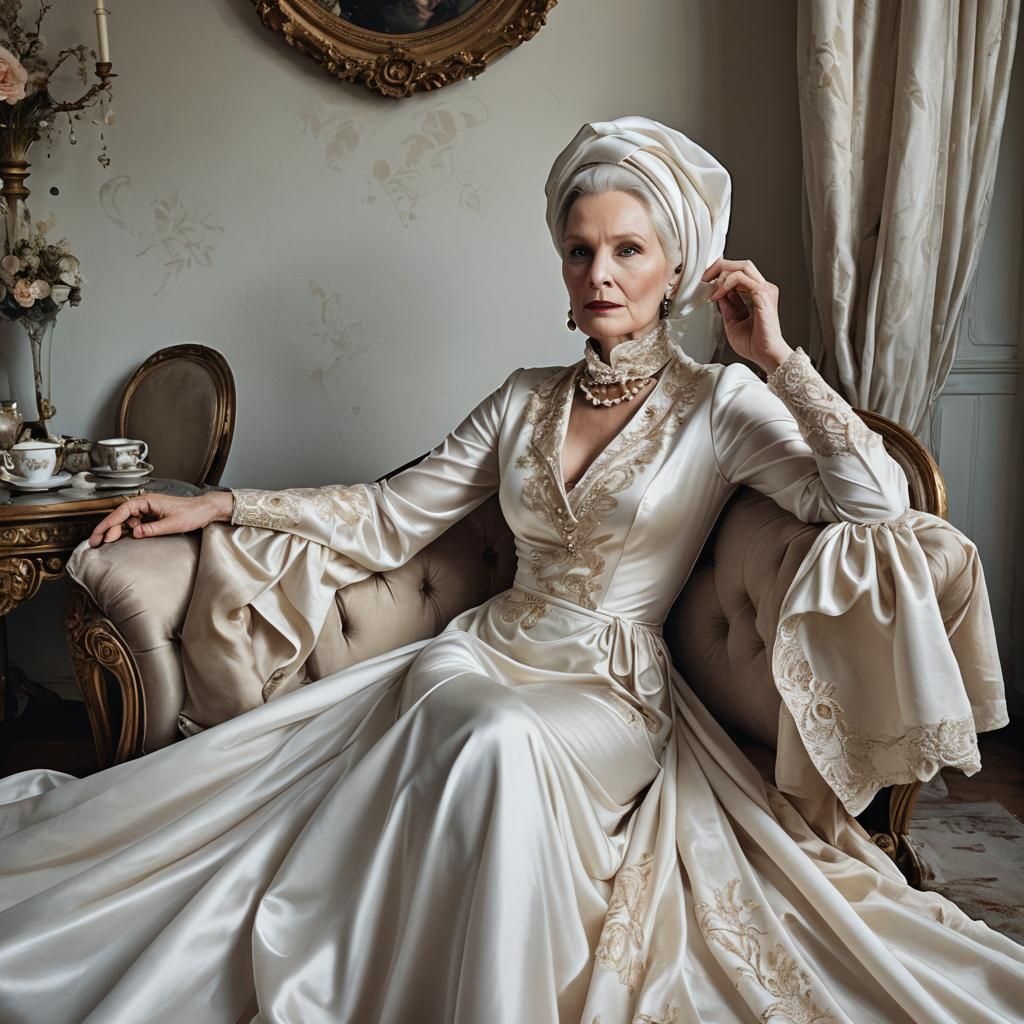 Elegant Woman in Couture Gown on Chaise Longue