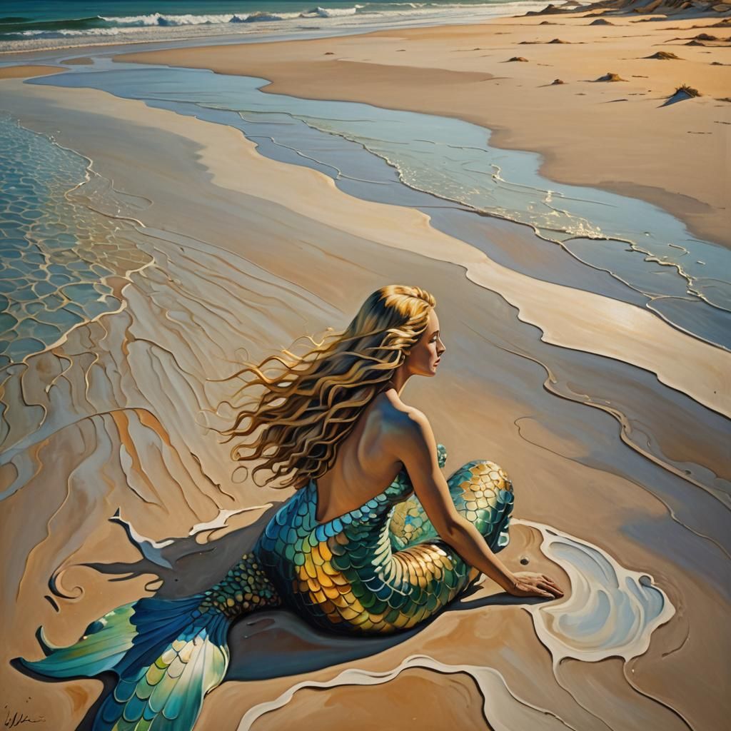 Mermaid on Deserted Beach: Surrealist Oil Painting
