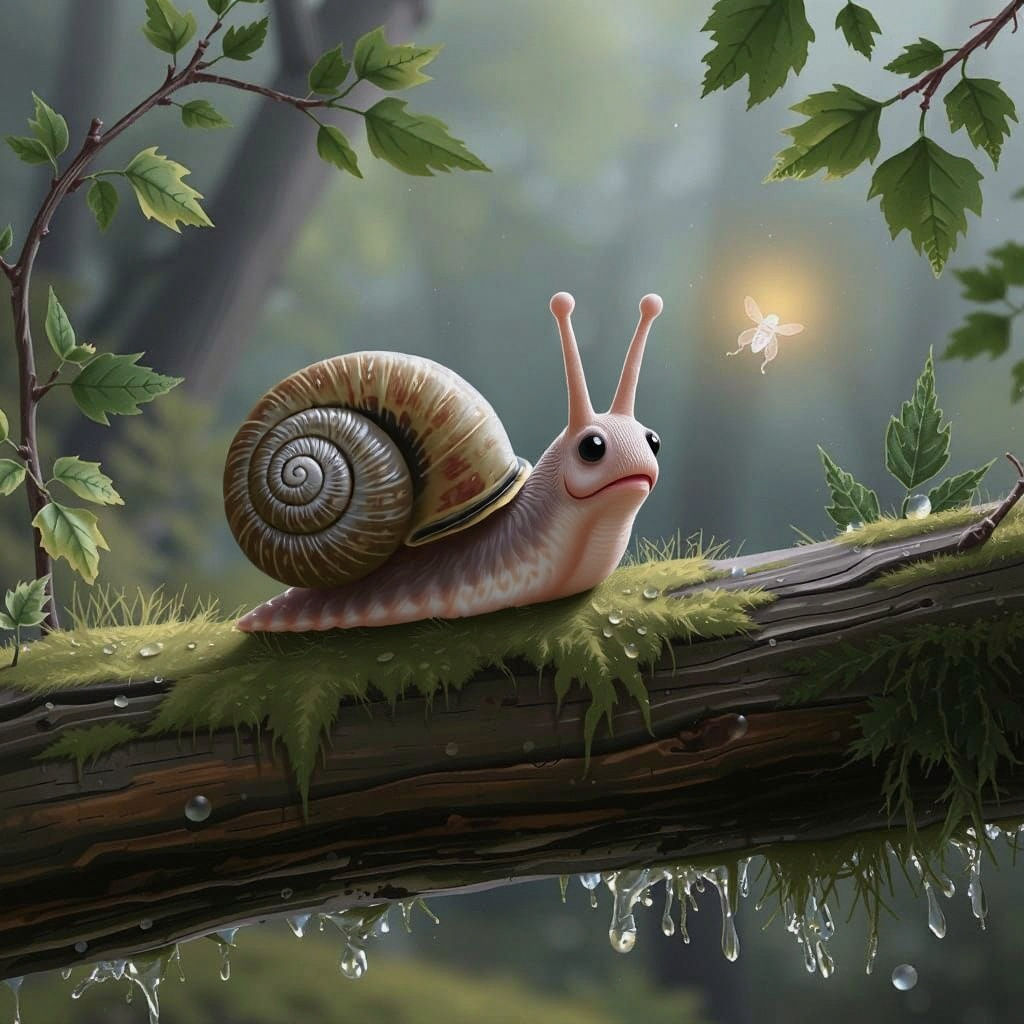 A small woodland snail on a mossy log, leaning forward with ...