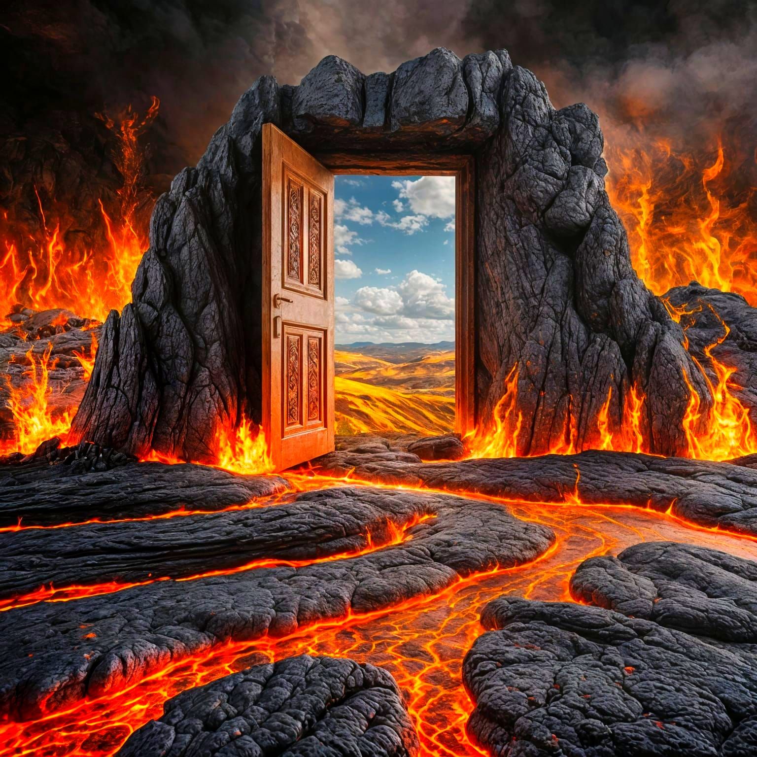 Inferno Doorway Reveals Serene Landscape Photograph