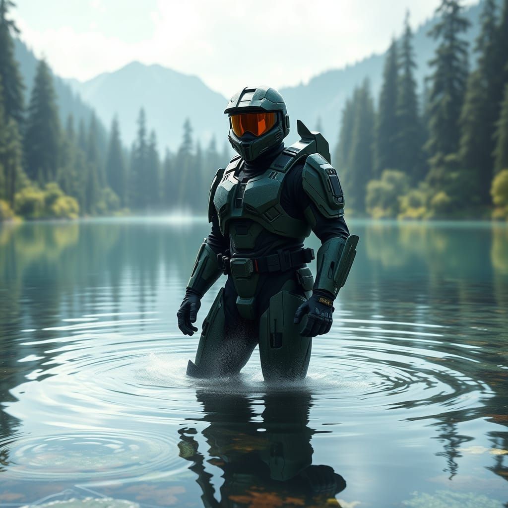Master Chief in Futuristic Lake Landscape