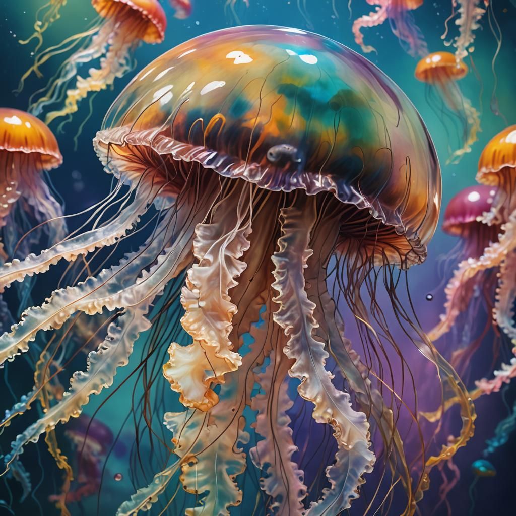 Glassy Jellyfish in Neo-Impressionist Oil Painting