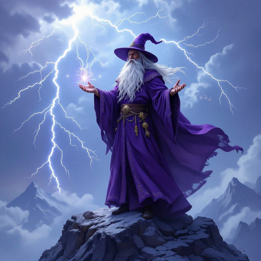 Mage on Mountain Under Lightning Storm