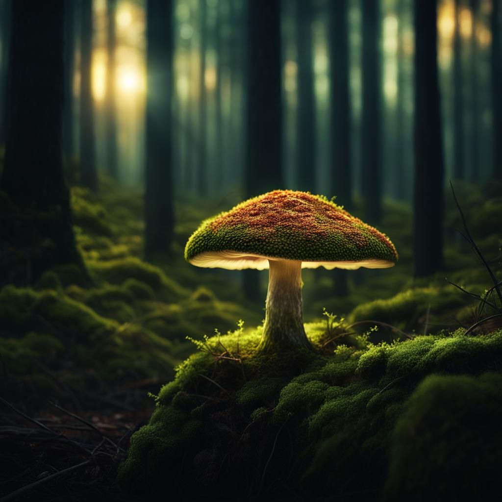Luminous Mushroom in Dark Forest: Fantasy Illustration