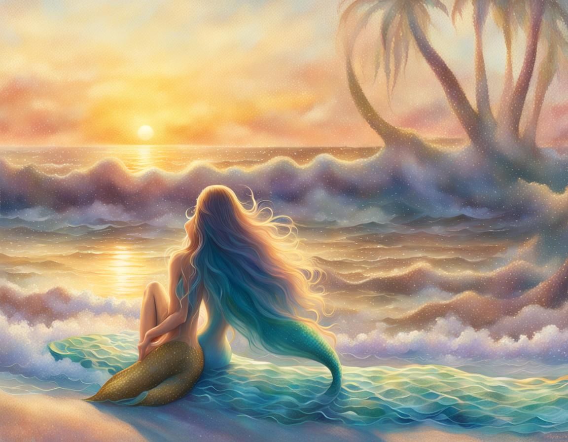 Mermaid at Beach in Golden Hour Fantasy Art