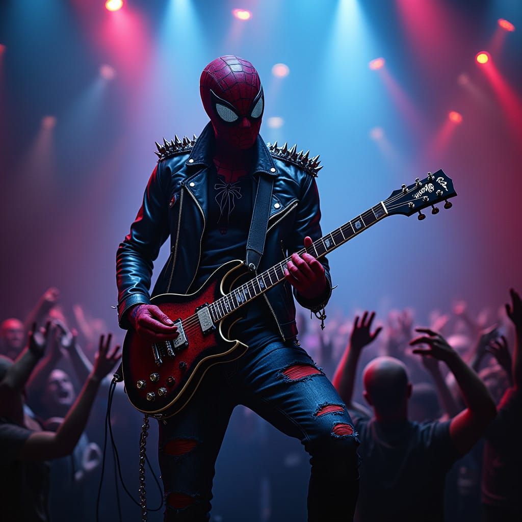 Cyberpunk Spiderman Rockstar Shreds in Dark Concert Venue