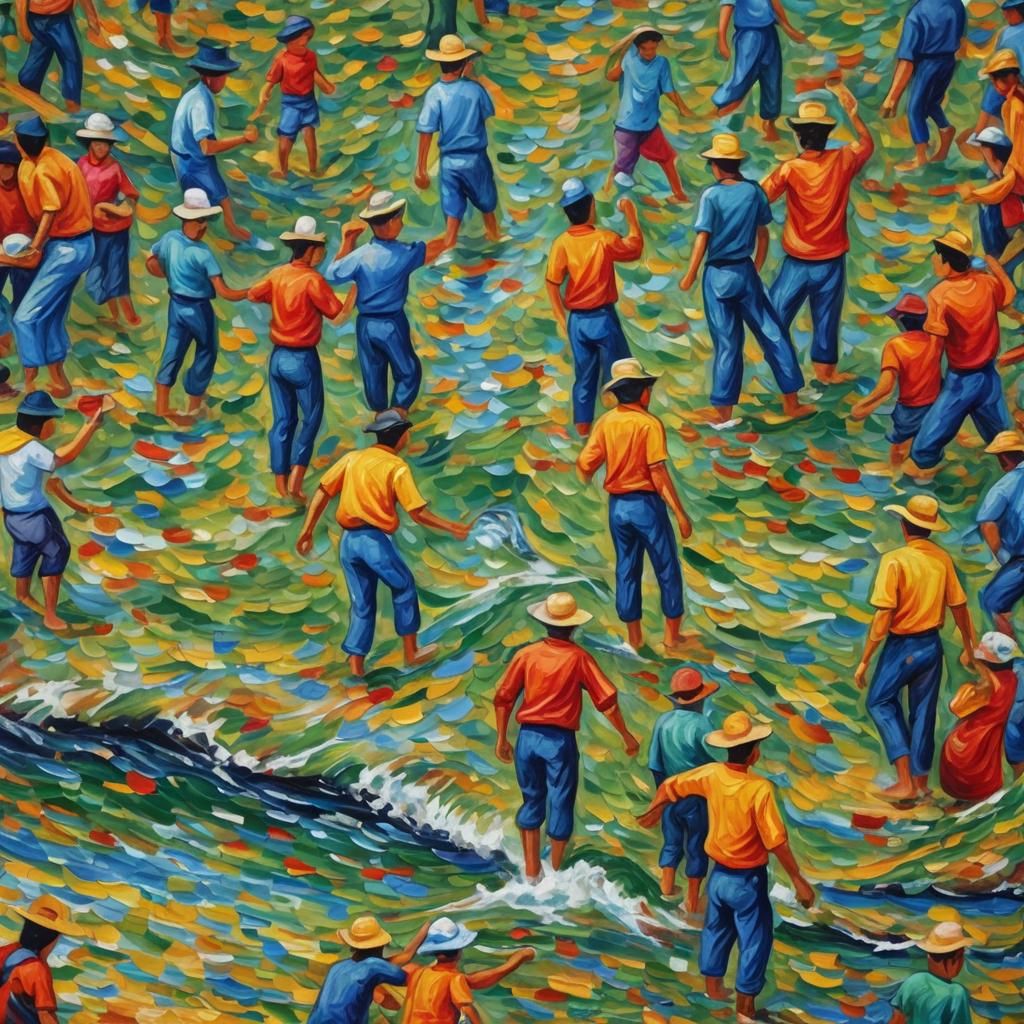 Oxen Charge Bathers: Expressionist Impasto Oil Painting