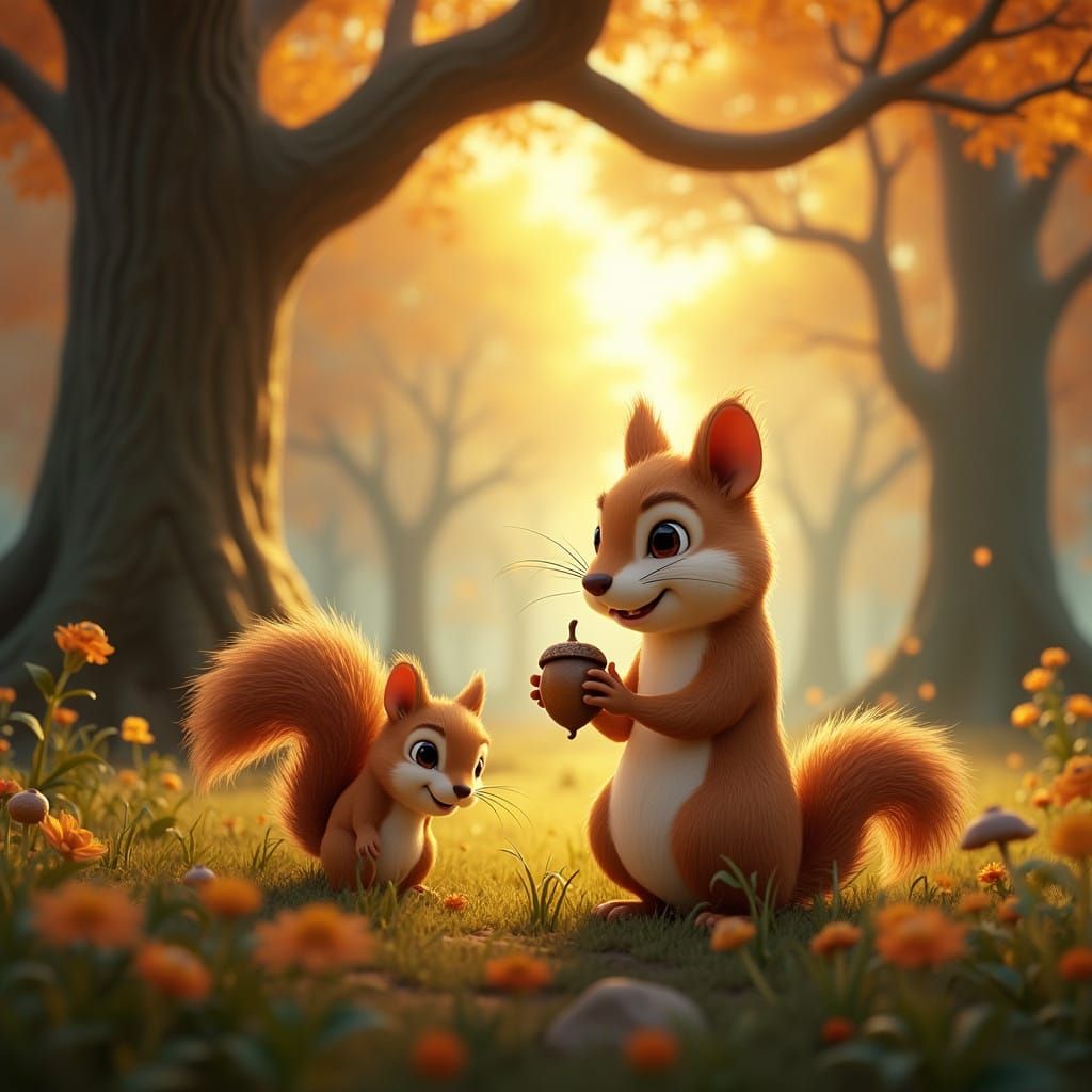 Vibrant Whispering Woods Scene with Industrious Squirrel in...