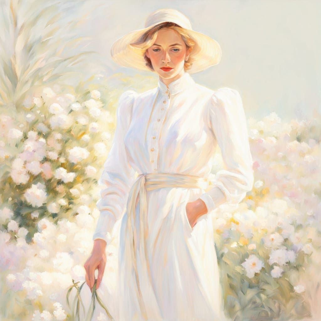 Impressionist Woman in White and Cream Garden