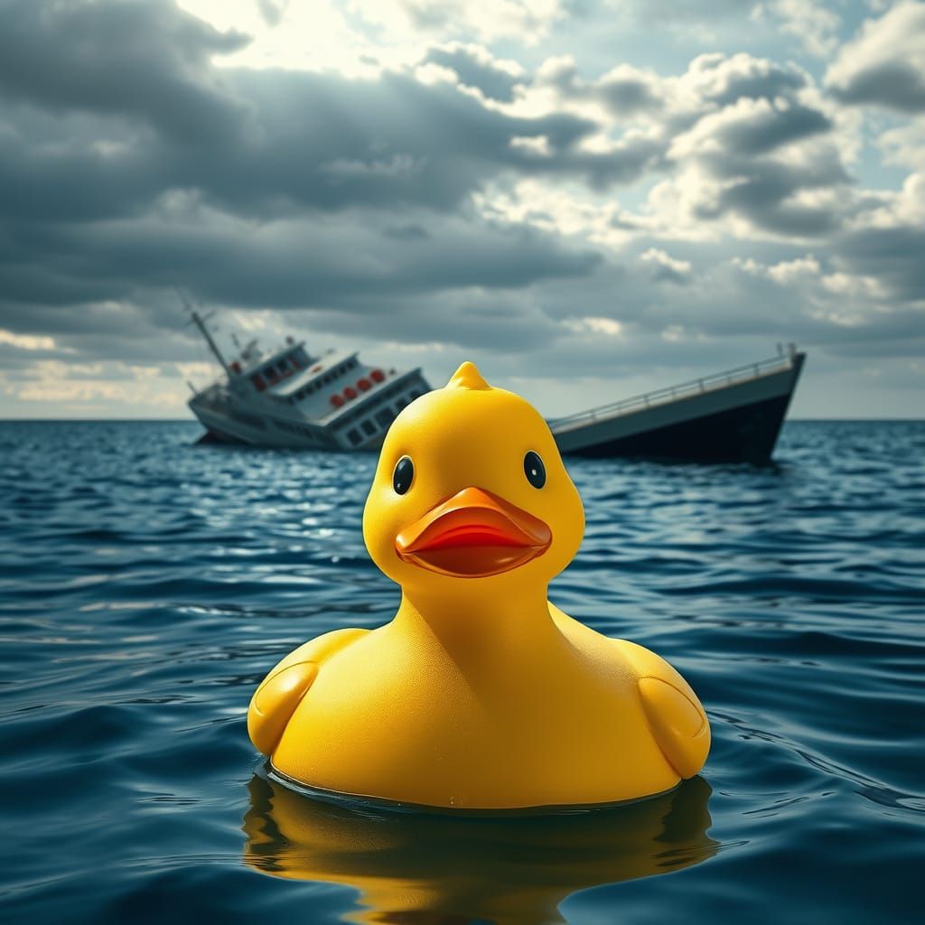 Rubber Duck Confronts Sinking Ship in Surreal Waterscape