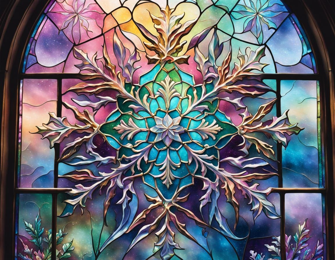 Close Up Stained Glass Snowflake Window in Pink, Green, Blue...