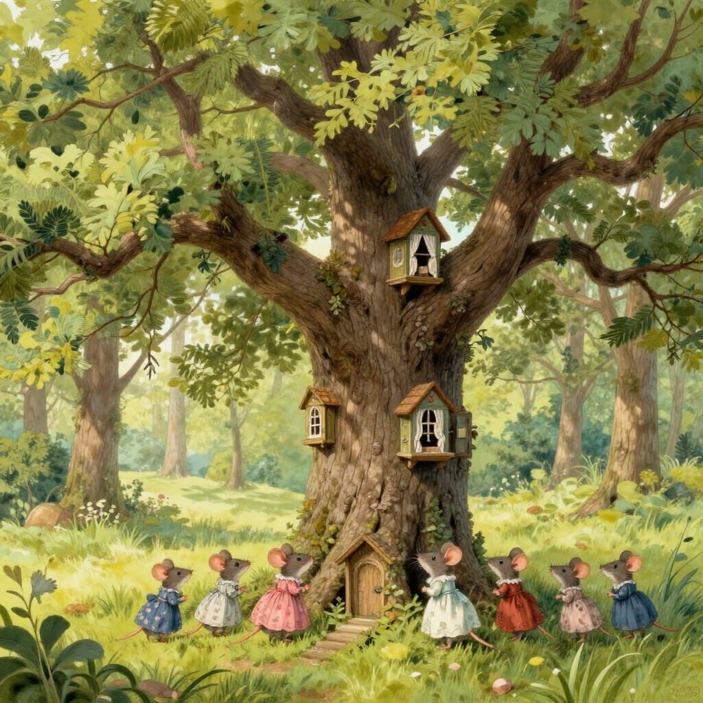Whimsical Oak Tree Home for Mice in Storybook Style