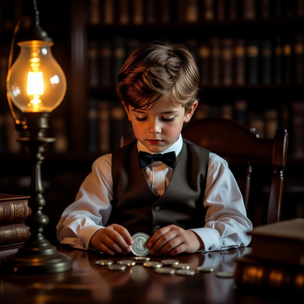 Victorian Boy Examines Silver Coin by Gas Lamp