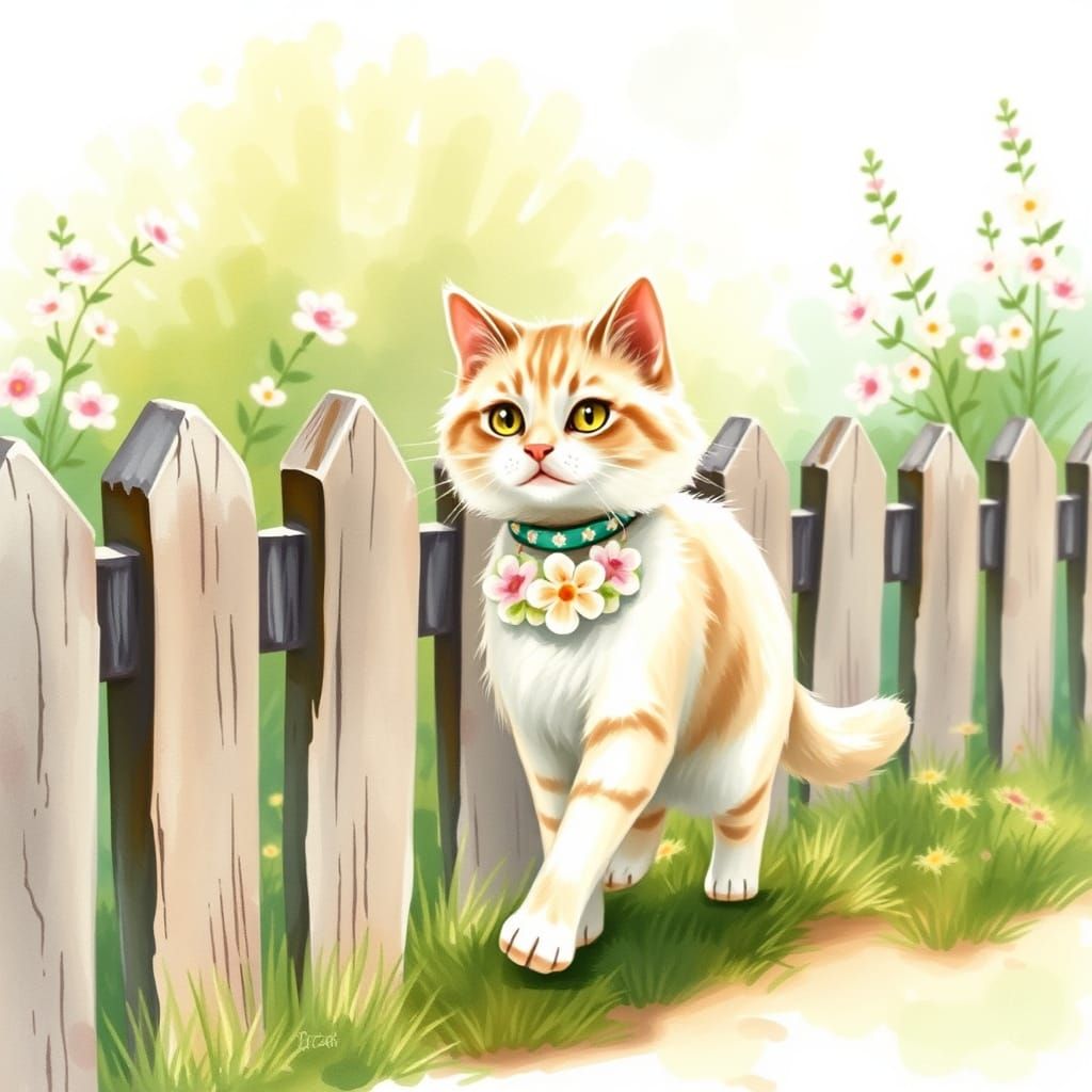 Fluffy Cat Ambles Through Spring Flowers in Watercolor