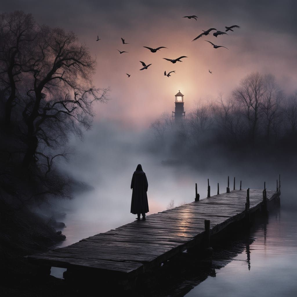 Ethereal Figure Gazing at Sailboat, Romantic Oil Painting