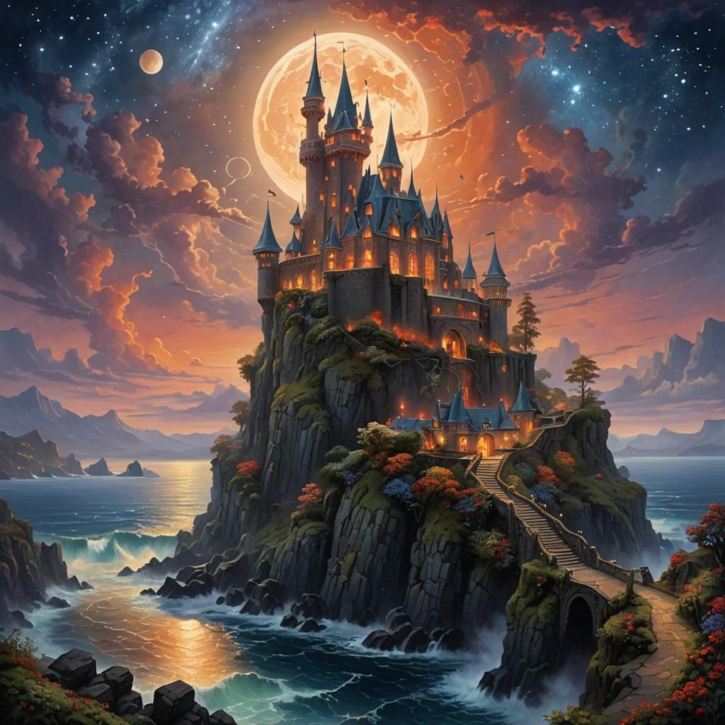 Art Nouveau Castle Over Lava Ocean