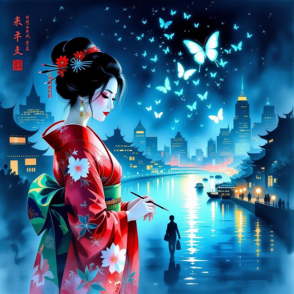 Kimono Butterfly in Turquoise Neon Fantasy Night City