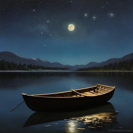 Starry Night Sky Over Serene Lake in Vibrant Impasto Paintin...