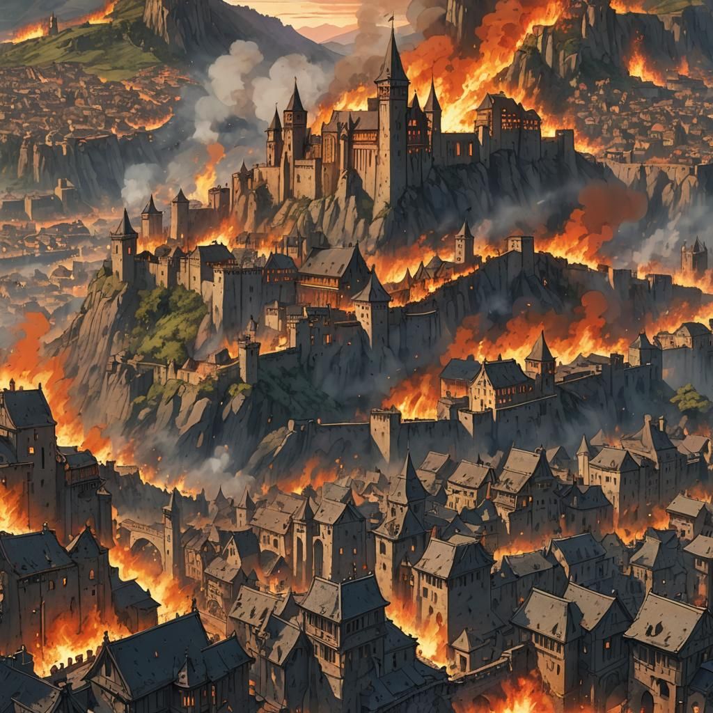 Inferno Engulfs Medieval City in Anime Style