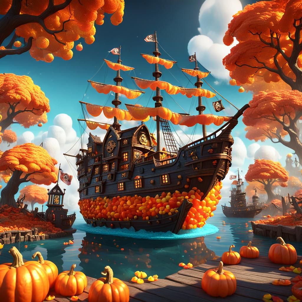 Whimsical Autumn Island with Candy Pirate Ship