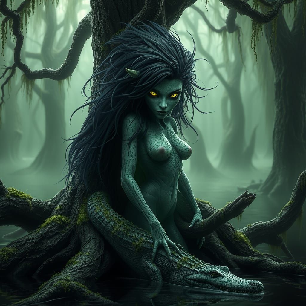 Surreal Swamp Siren with Twisted Roots and Gator Scales in a...