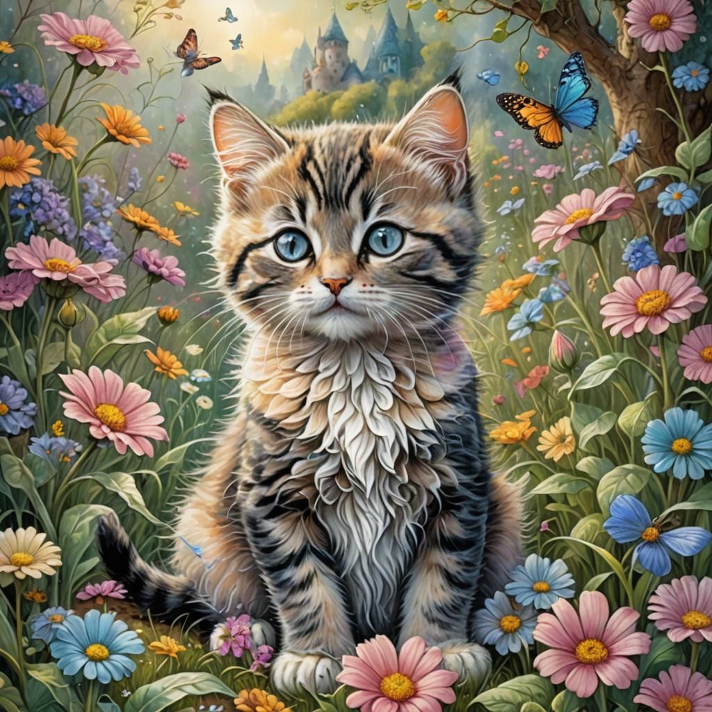 Kitten and Mouse Friends in Pastel Garden