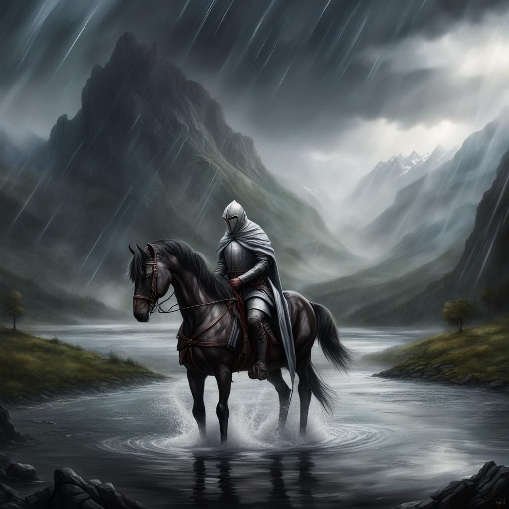 Dark Fantasy Knight in Rainy Mountain Landscape