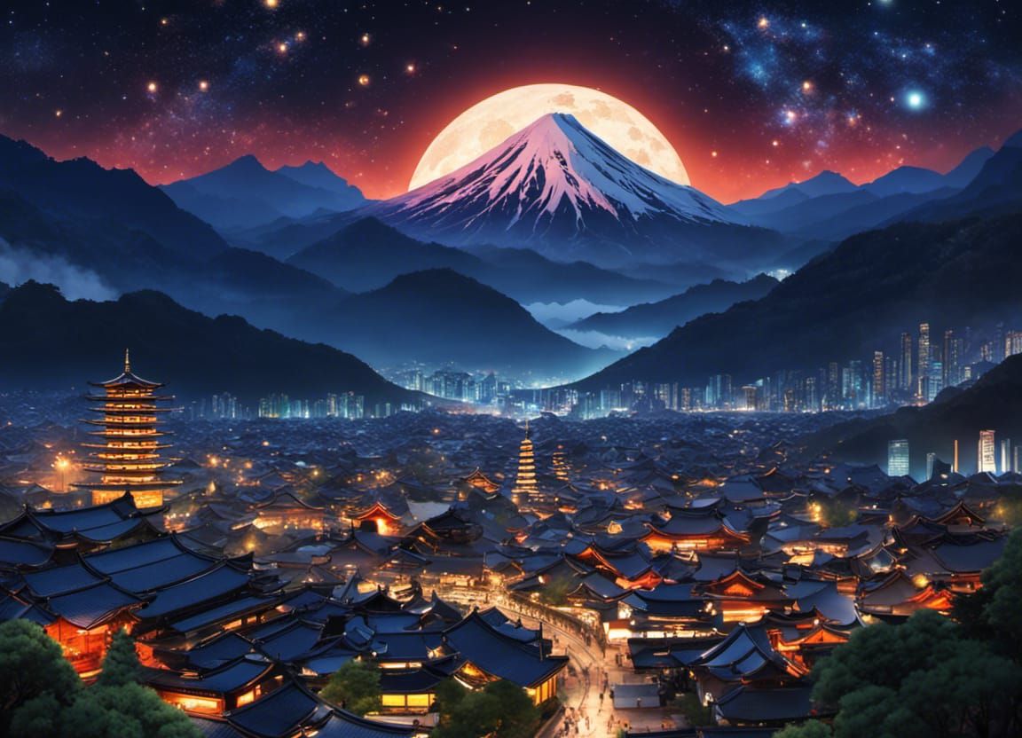 Ukiyo-e City Under Starry Mountain Sky