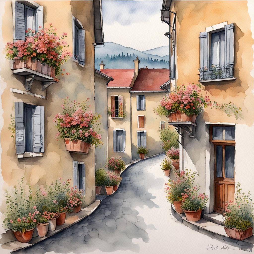 Charming Street Scene with Flowers in Naive Painting Style