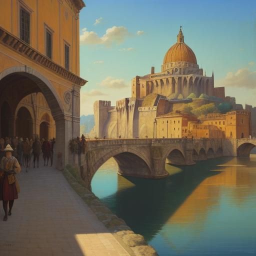 Medieval Rome Oil Painting with Castel Sant'Angelo