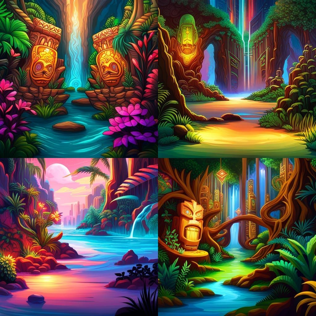 Vibrant Game Level with Crystals and Tiki Totem