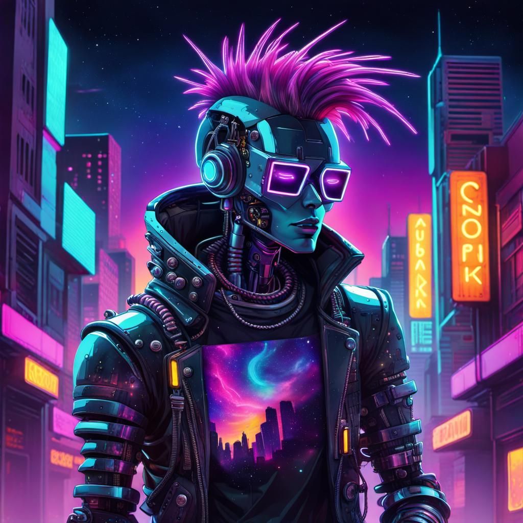 Neon Cyberpunk Robot Punk Rocker in Synthpunk Style