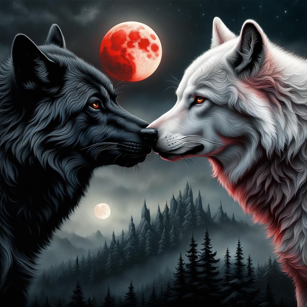 Wolves Kissing Under Blood Moon, Gothic Art